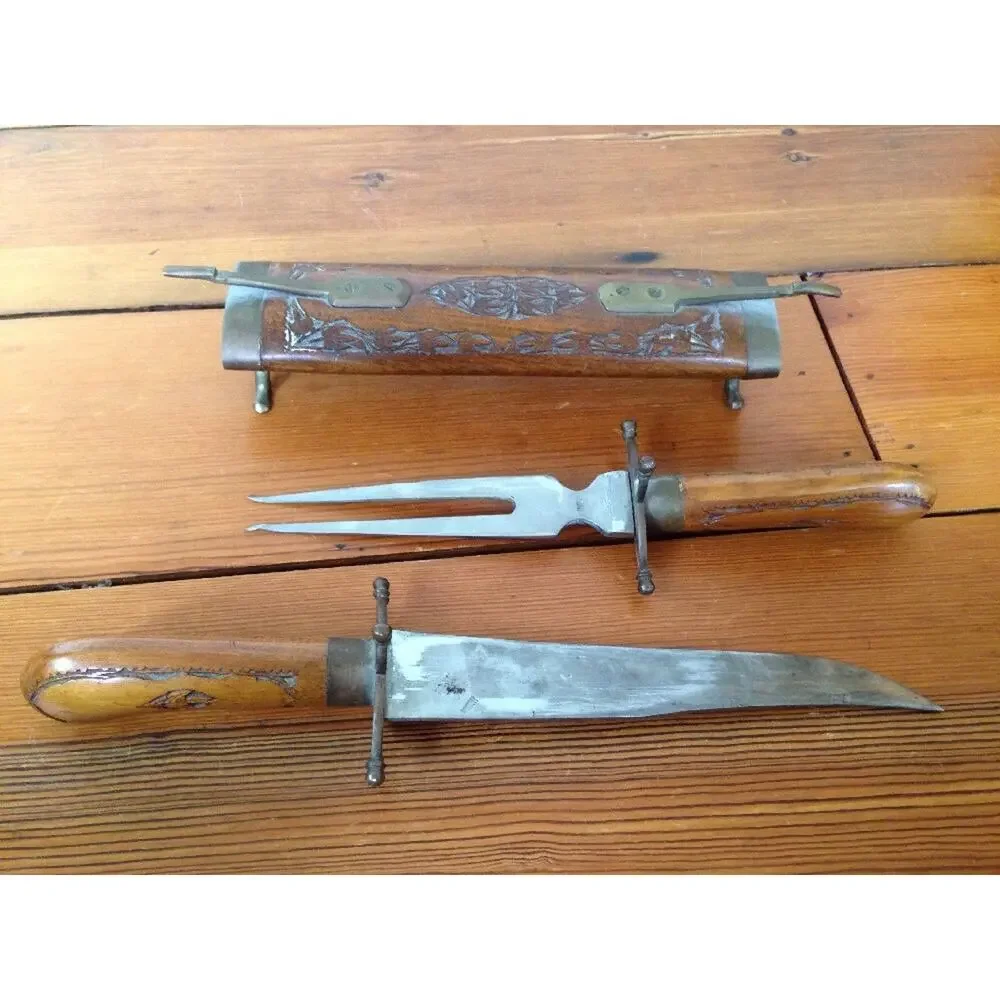 Vtg India Made Wood Carved Brass Scabbard Sheath Carving Set Serving Fork Knife